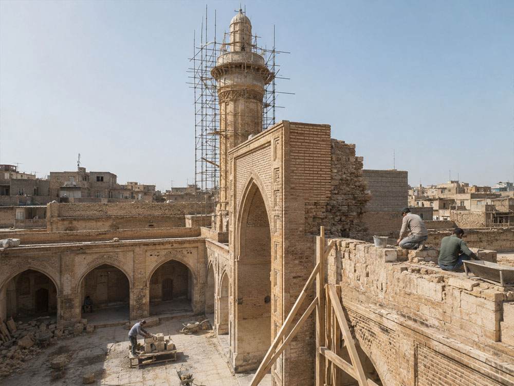 عمال يرممون جامعاً تاريخياً في مدينة الموصل، مع إحاطة المئذنة بالسقالات ضمن أعمال إعادة التأهيل والحفاظ على التراث العمراني.