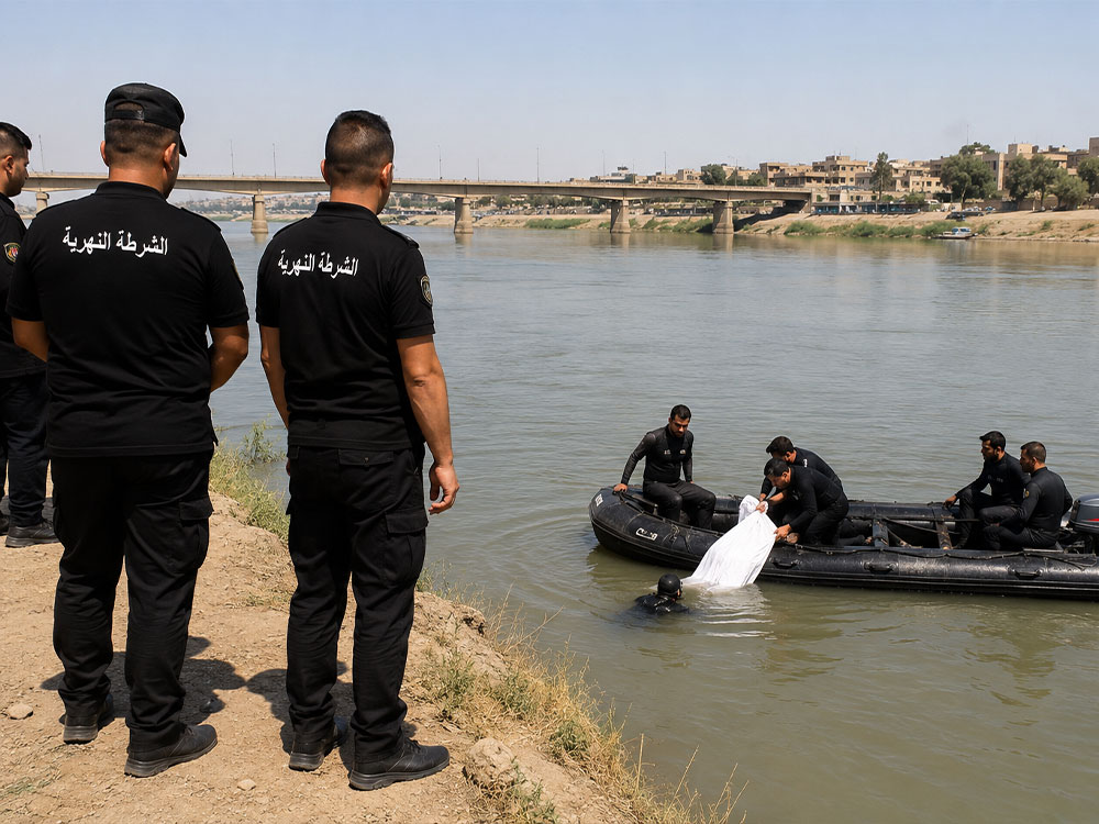 عناصر من الشرطة النهرية ينفذون عملية انتشال جثة شاب من نهر دجلة باستخدام زورق إنقاذ قرب مدينة الموصل في محافظة نينوى.