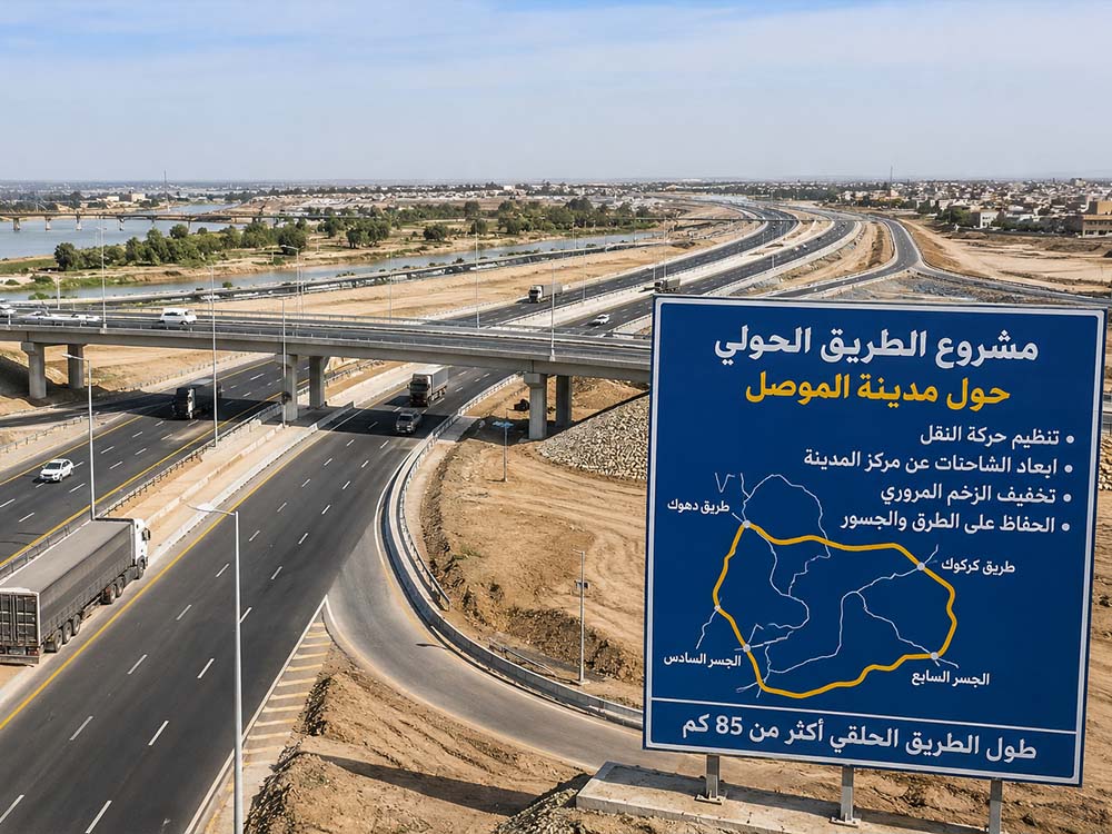 مشهد جوي لطريق سريع حول مدينة الموصل يضم جسوراً وتقاطعات متعددة، مع حركة شاحنات ومركبات ولوحة توضيحية لمسار الطريق الحولي.
