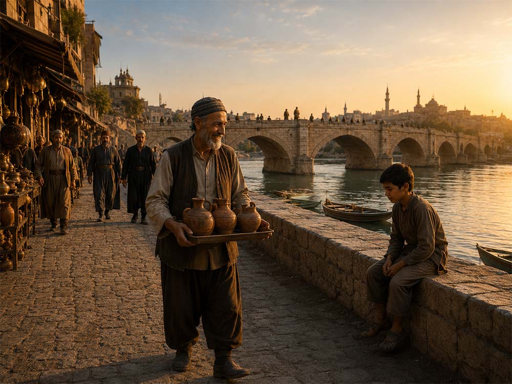 مشهد تراثي تخيلي لمدينة الموصل القديمة عند نهر دجلة، يظهر فيه رجل موصلي يحمل أواني فخارية قرب ضفة النهر وبجانبه طفل، مع جسر الموصل الحجري والأسواق القديمة في الخلفية خلال وقت الغروب.
