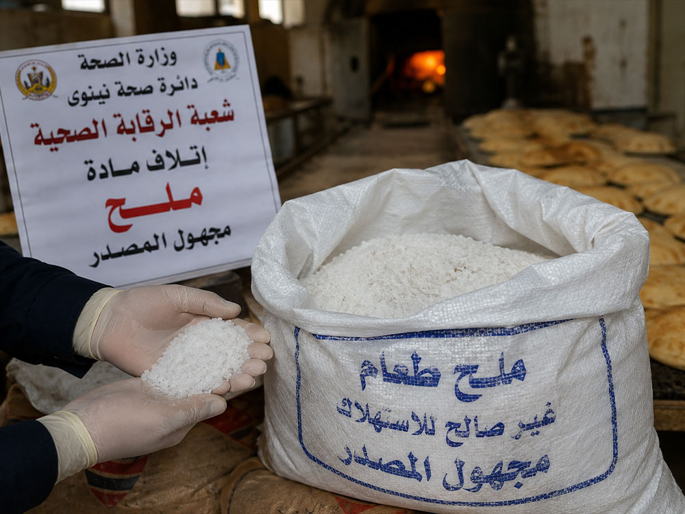مفتش صحي يرتدي قفازات يفحص كمية من الملح داخل كيس مفتوح في أحد المخابز، وبجواره لافتة تشير إلى إتلاف ملح مجهول المصدر، فيما تظهر أرغفة الخبز والفرن في الخلفية.