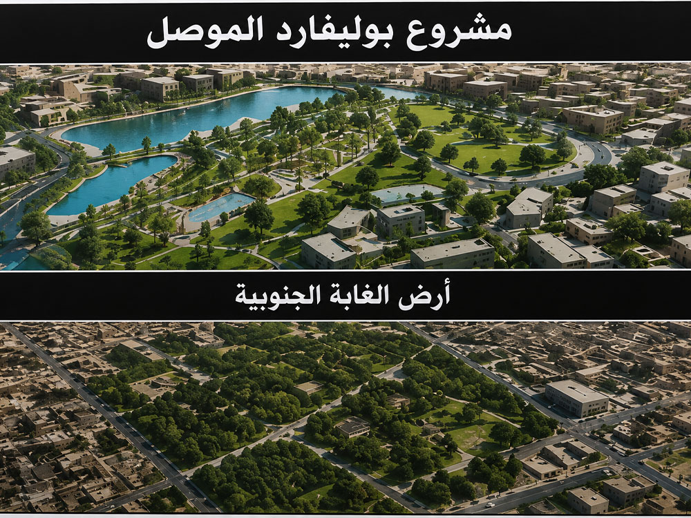 تصميم تصوري يعرض مخطط مشروع "بوليفارد الموصل" إلى جانب موقع "أرض الغابة الجنوبية"، مع إبراز المساحات الخضراء والمرافق المقترحة ضمن المشروع.