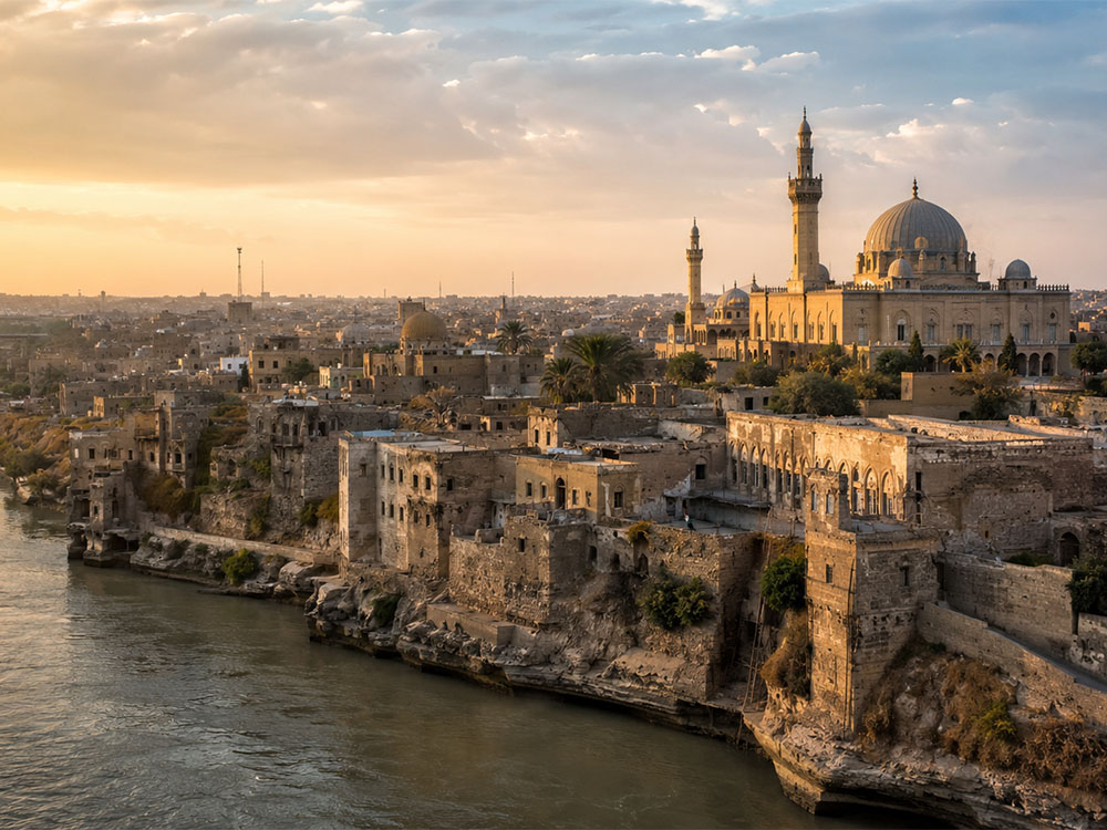 منظر بانورامي تعبيري لمدينة الموصل القديمة عند الغروب، تظهر فيه المباني الحجرية الممتدة على ضفاف نهر دجلة، مع مسجد ذي قبة ومآذن بارزة وسط أجواء تاريخية هادئة.