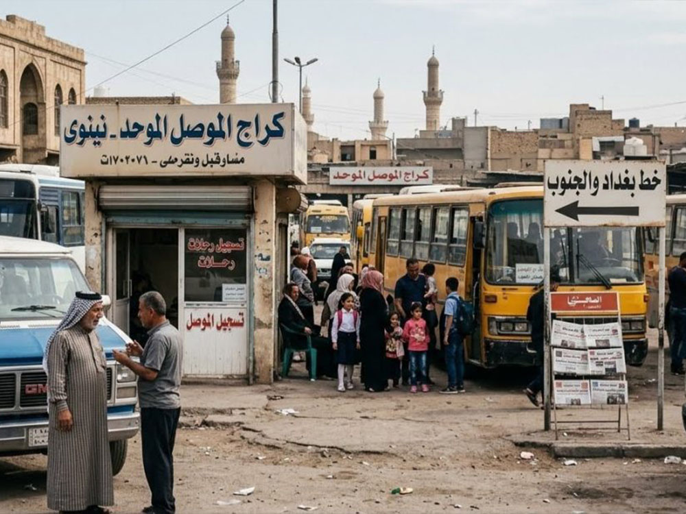 کراج نقل في مدينة الموصل تظهر فيها الحافلات والسيارات والمواطنون، مع لوحات إرشادية وخلفية تضم مباني المدينة ومآذن المساجد.