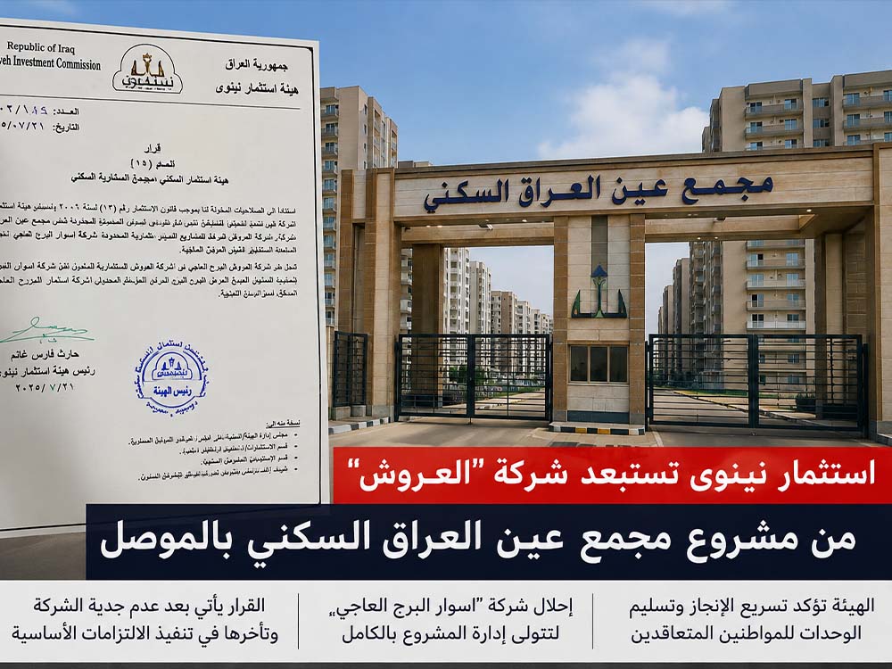 مدخل مجمع عين العراق السكني في مدينة الموصل تظهر عليه لافتة تحمل اسم المجمع، وإلى جانبه نسخة من قرار رسمي صادر عن هيئة استثمار نينوى بشأن تغيير الشركة المنفذة للمشروع.