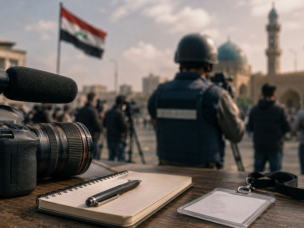 كاميرا وميكروفون وأدوات صحفية في مقدمة المشهد، مع صحفيين وإعلاميين يعملون ميدانيًا في الخلفية داخل أجواء عراقية.