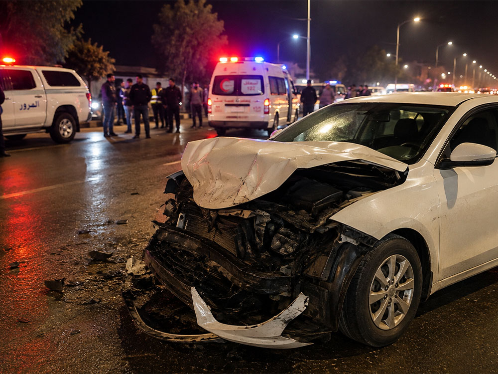 سيارة متضررة بشدة إثر حادث سير ليلي، وسط وجود مركبات الإسعاف والشرطة وعدد من الأشخاص في موقع الحادث.