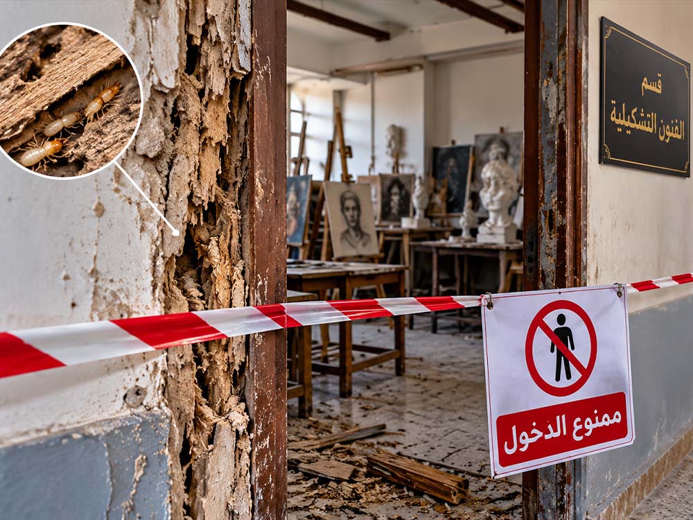 تضرر جدران وأبواب قسم الفنون التشكيلية بسبب حشرة الأرضة داخل معهد الفنون الجميلة للبنات في الموصل، مع وضع شريط تحذيري لمنع الدخول.